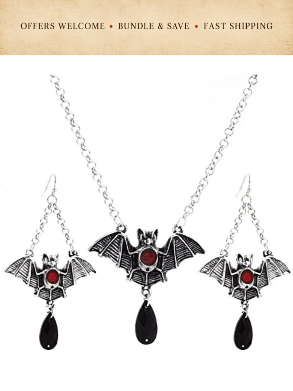 Bat Earrings Necklace Set Gothic Vampire Costume Jewelry Women